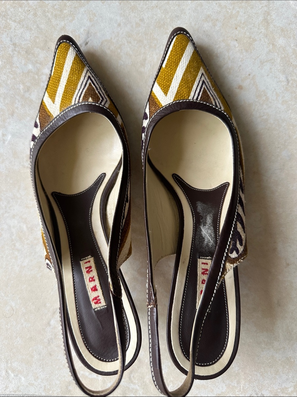 Marni vintage Yellow and Brown Pointed Slingback Flats with Geometric Pattern